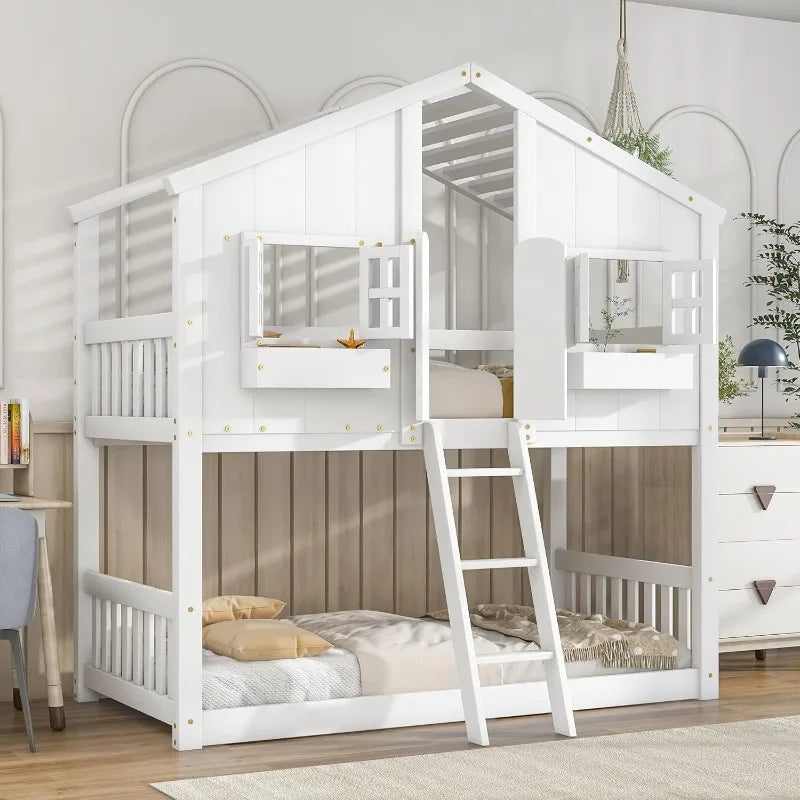 🏠 Letto a castello Twin Over Twin per bambini – Letto a forma di casa in legno con tetto, finestre, porta, ringhiere di sicurezza e scala 🛏️🌟