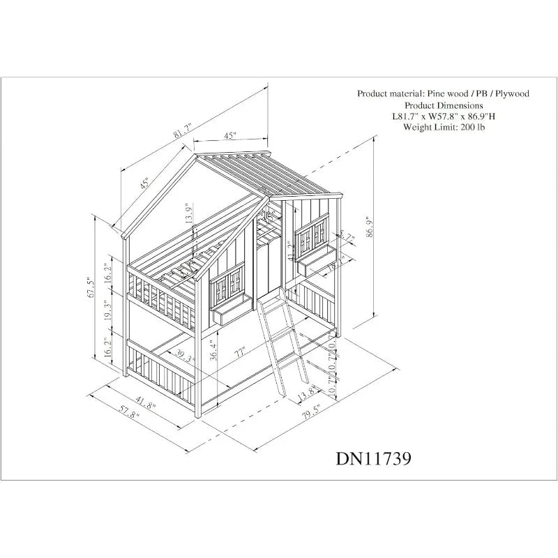 🏠 Letto a castello Twin Over Twin per bambini – Letto a forma di casa in legno con tetto, finestre, porta, ringhiere di sicurezza e scala 🛏️🌟