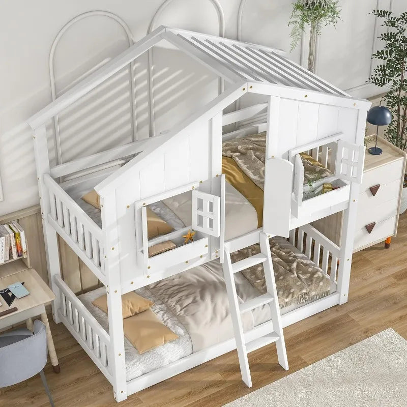 🏠 Letto a castello Twin Over Twin per bambini – Letto a forma di casa in legno con tetto, finestre, porta, ringhiere di sicurezza e scala 🛏️🌟