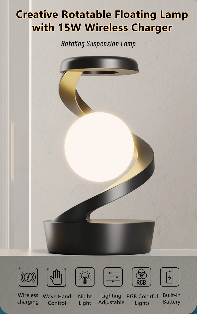 Lampe flottante rotative avec veilleuse RVB et chargement sans fil ⚡