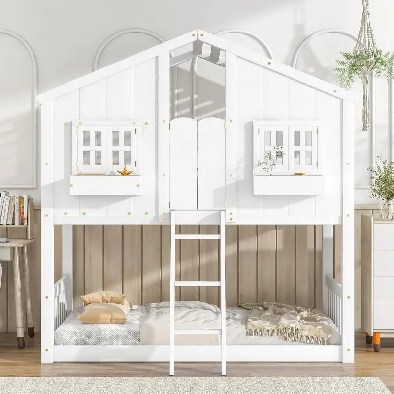 🏠 Letto a castello Twin Over Twin per bambini – Letto a forma di casa in legno con tetto, finestre, porta, ringhiere di sicurezza e scala 🛏️🌟