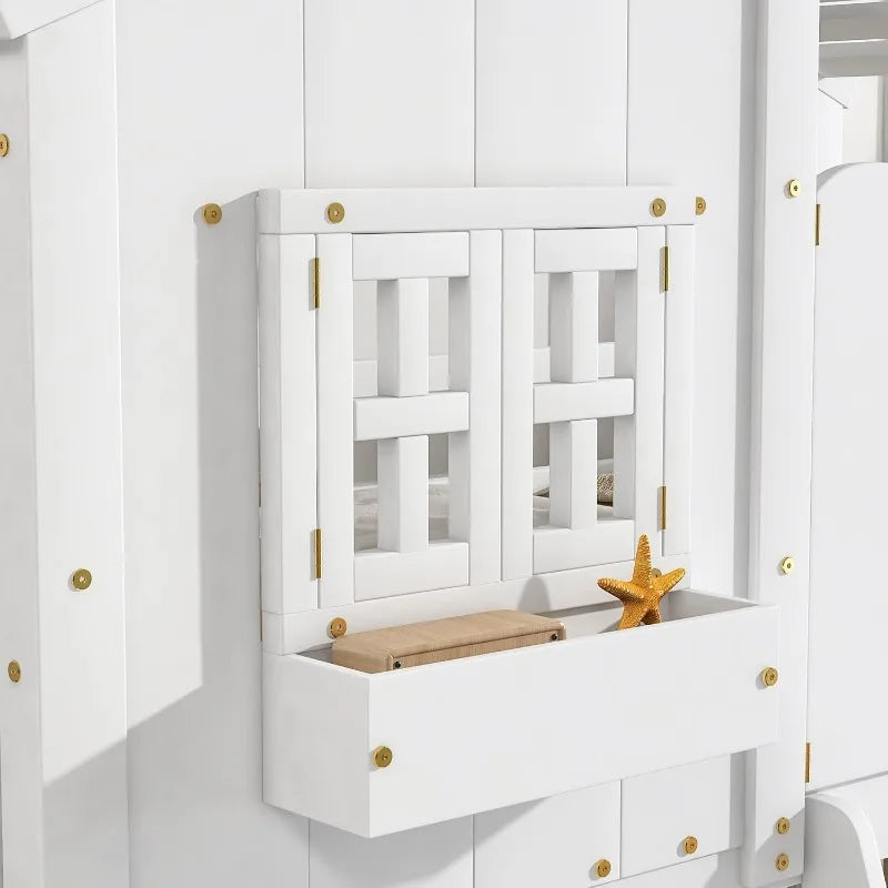 🏠 Letto a castello Twin Over Twin per bambini – Letto a forma di casa in legno con tetto, finestre, porta, ringhiere di sicurezza e scala 🛏️🌟