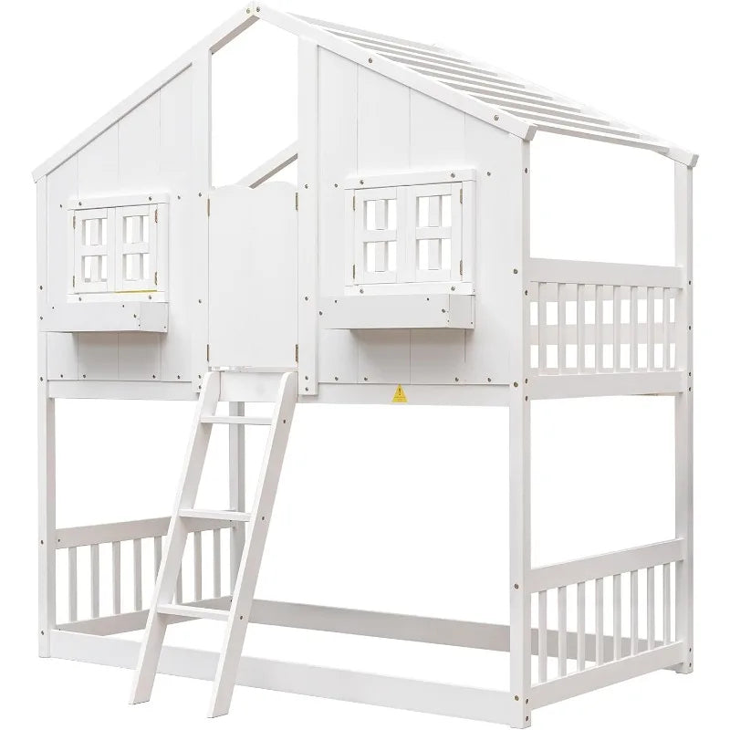 🏠 Letto a castello Twin Over Twin per bambini – Letto a forma di casa in legno con tetto, finestre, porta, ringhiere di sicurezza e scala 🛏️🌟